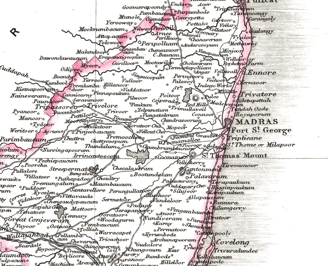 The 1854 district map of Chingleput around Madras, with a ring inked near Thirumazhisai, west of Poonamallee